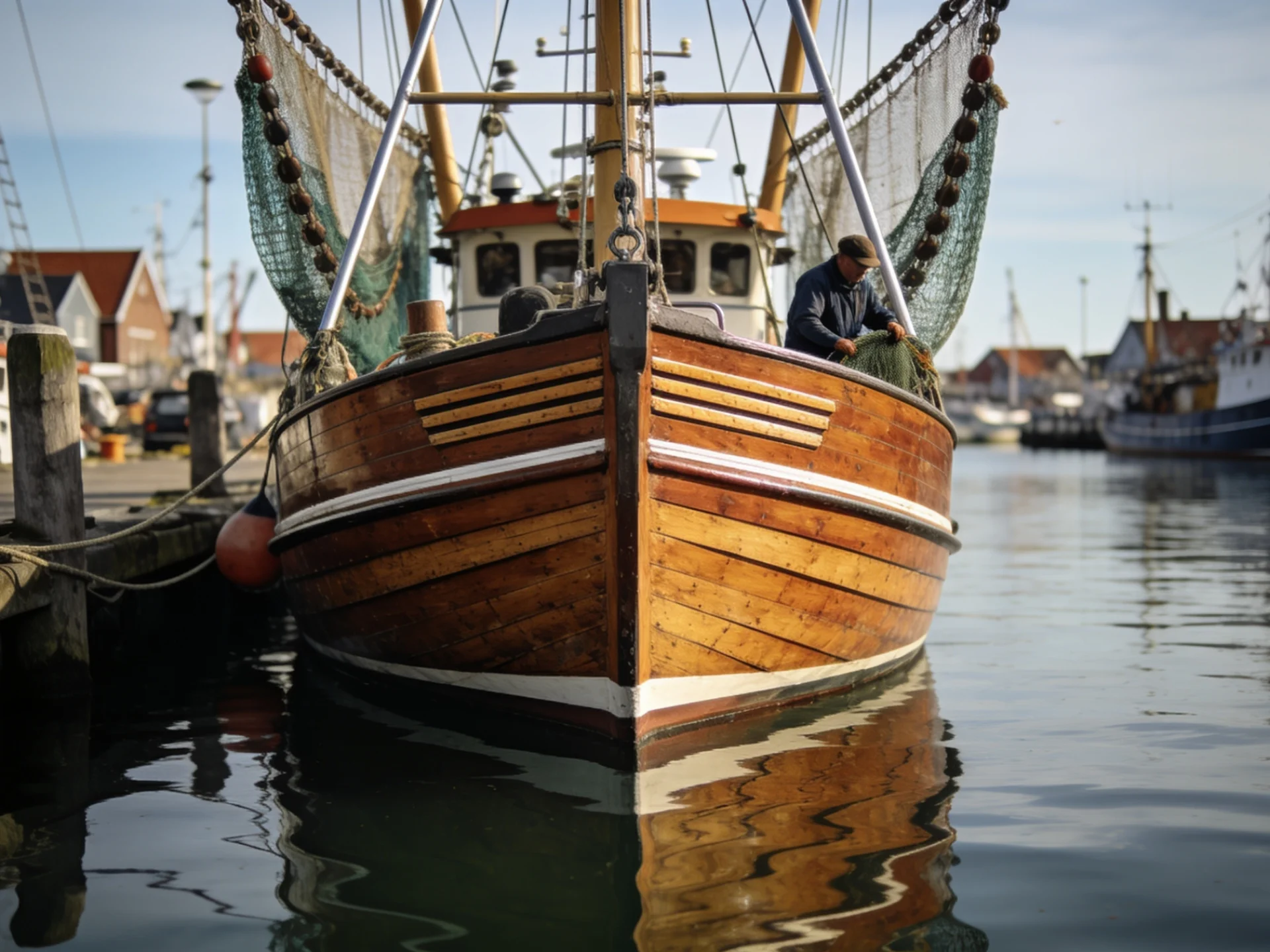 Ein hölzerner Fischkutter liegt mit Netzen im Hafen; eine Person arbeitet an Bord. Das Bild steht für die Fischerei an der Küste und die Arbeit der Fischereigenossenschaften.